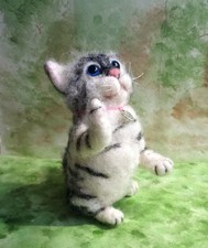 New Handmade Grey Tabby Kitten Needle Felted Wool Ornament Animal Collector Gift