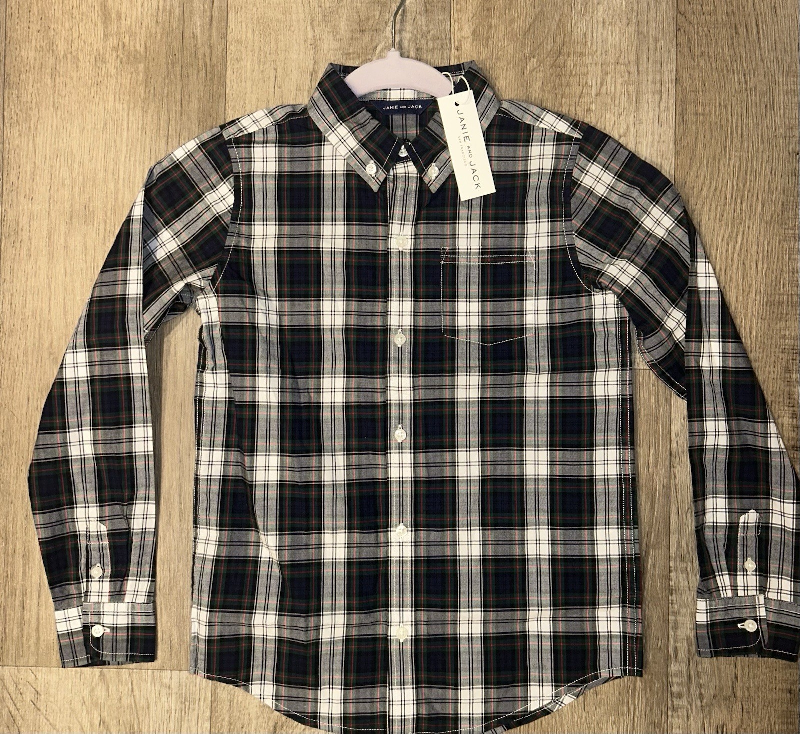Janie and Jack Boys Plaid Button-Up Shirt Navy Green White Size 8 Long Sleeve
