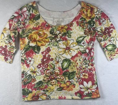 Cache Womens Shirt Medium Multicolor Floral Beaded Sequin Scoop Neck 3/4 Sleeve
