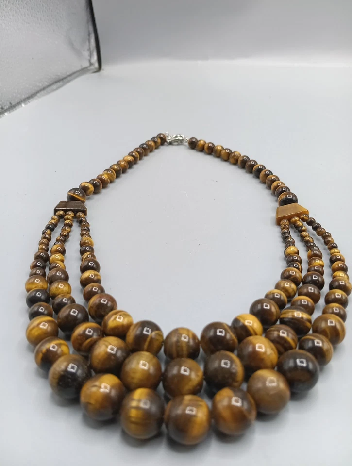 Collar en capas de cuentas redondas de piedras preciosas de 4-12 mm ojo de tigre natural de 3 filas 18-20"" Foto 2 de 4
