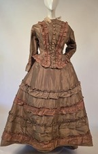 VICTORIAN EARLY 1870  S SILK TAFFETA DRESS W RICH RUFFLES  FLOWING TRAIN