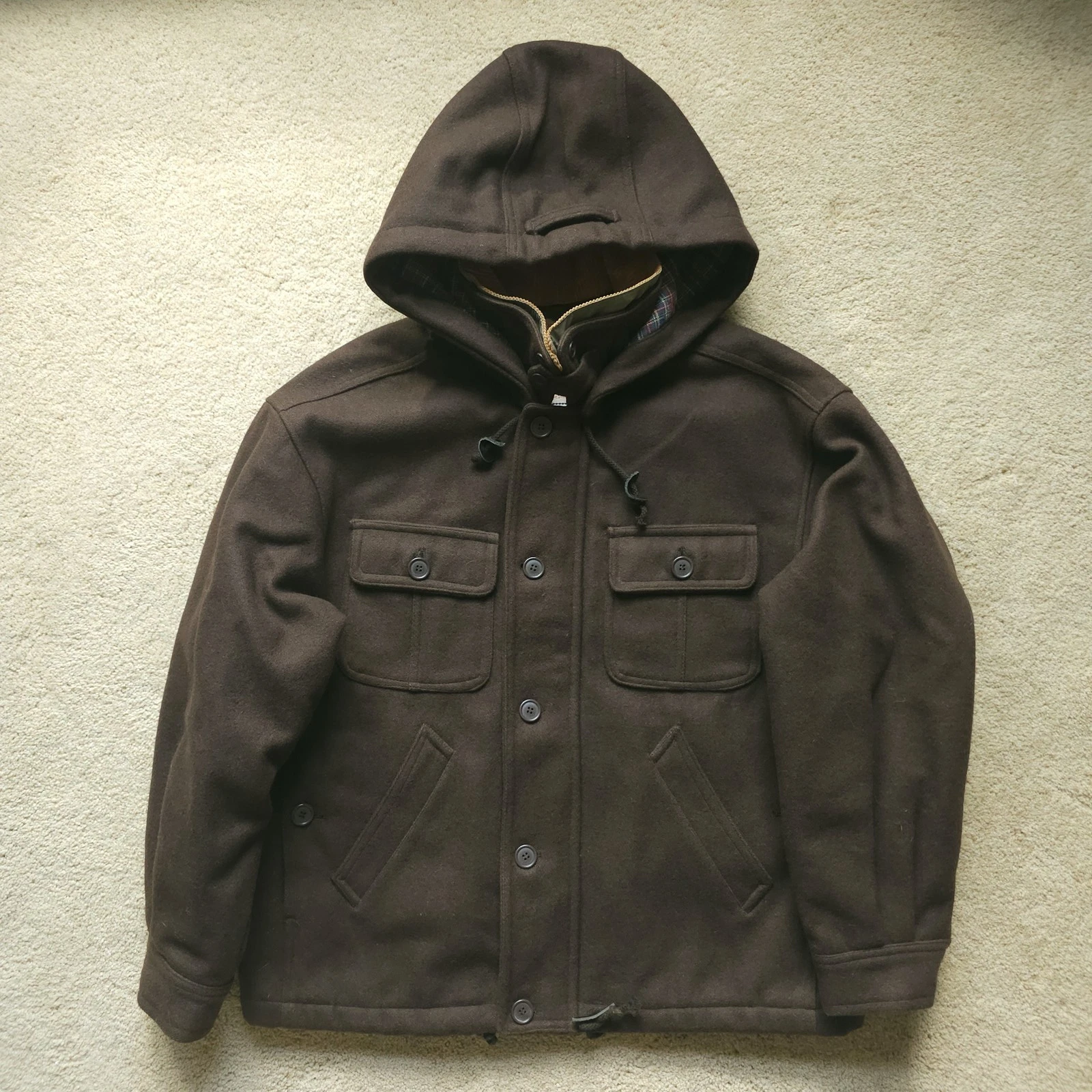 VTG DWW Made in Japan Thick Sturdy Melton Wool Hooded Utility Jacket Brown 38 S image 1