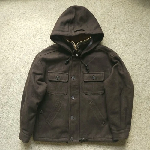 VTG DWW Made in Japan Thick Sturdy Melton Wool Hooded Utility Jacket Brown 38 S video thumbnail