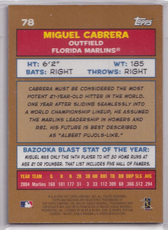 2005 Bazooka #78 Miguel Cabrera Gold Chunks - Image 2 of 2