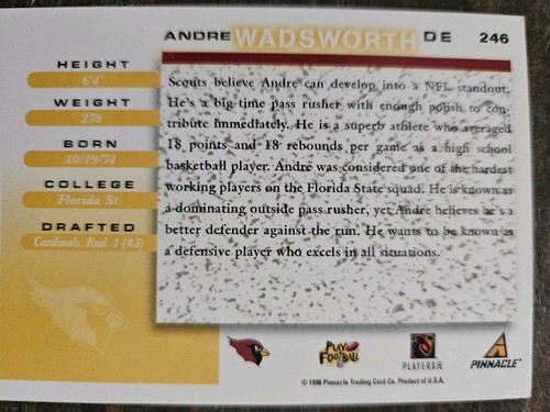 1998 Score Rookie Andre Wadsworth #246 Rookie RC - Picture 2 of 2