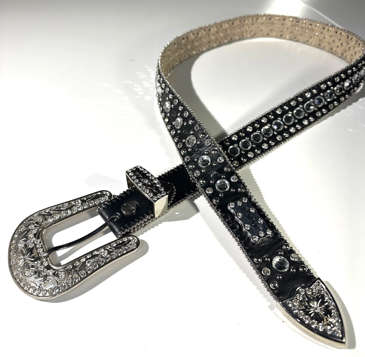 New! BHW Western Cowgirl Leather Belt Crystal Rhinestones Black Size XS 25-29 Buy Rhinestone Buckle Belt Cowgirl | Black Full Grain  main image 3