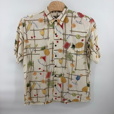 Tori Richard Silk Hawaiian Shirt Mens 2XL Beige Tropical Cocktails Pineapple