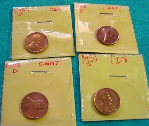 4==Gem Unc.== Lincoln Wheat Penny's--Lot of  4 Coins--1933D=1933D=1934D=1931S