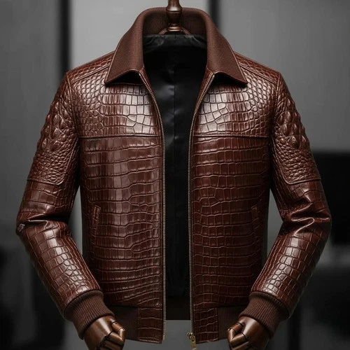 Authentic Crocodile embossed Leather Jacket For Men Handmade Jacket image 3