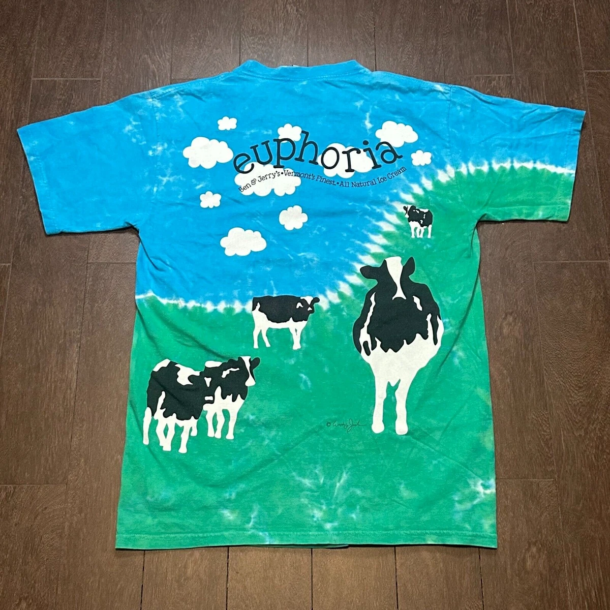Vintage Liquid Blue Ben Jerry s Euphoria Dual Sided Graphic 90 s T Shirt Sz M
