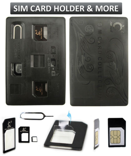 SIM Card Holder Case Slim Credit Card Style with Sim Card Adapters & Iphone Pin  - Picture 1 of 6