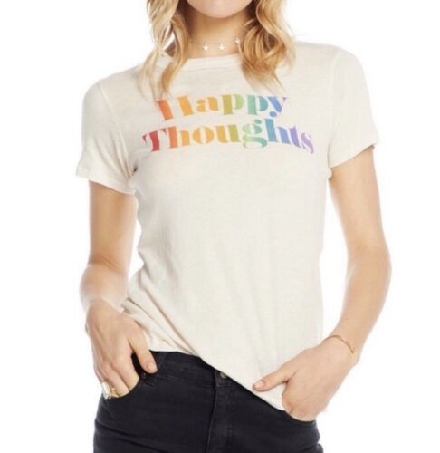Chaser Womens Happy Thoughts Graphic Tee T-Shirt Cotton Blend Cream Sz M NWT