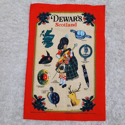 Dewars Scotland Wall Hanging Linen Union White Label Whiskey VTG Red Beige 
