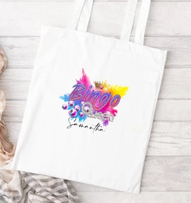 CUSH-N-CRAFT Personalised Bingo Queen White Canvas Finish Tote Bag Novelty Gift Idea