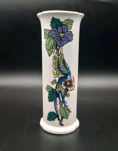 ROYAL HAEGER USA VASE 8" BIRD & FLOWERS with Original Sticker Cylinder Vase