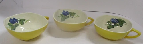 3 Vintage Red Wing Pottery Yellow with Blue Flowers Square Coffee / Tea Cups