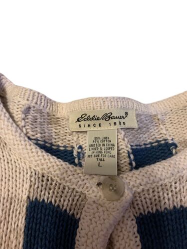 Vintage Eddie Bauer Cardigan Linen & Cotton Off White Beige Blue Checkered Large - Picture 5 of 17