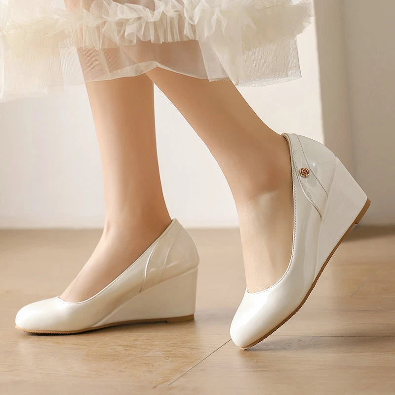 Womens Slip On Pumps 6.5cm High Wedge Heel Shoes Round Toe Patent Leather Ladies - Image 3 of 4