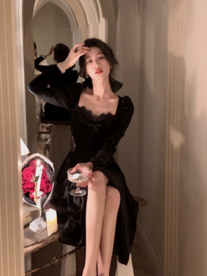 Autumn Slim Black Velvet Dress Casual Korean Fashion Elegant Midi Dress  Party | eBay