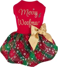 Merry Woofmas Cotton Dog Dress, Holiday Outfit with Bow, Cat & Small Dog Apparel