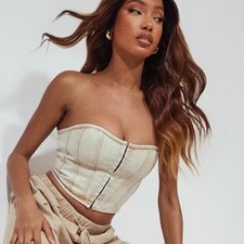 NWT PLT Washed Stone Denim Hook And Eye Structured Corset Crop Top Size 4
