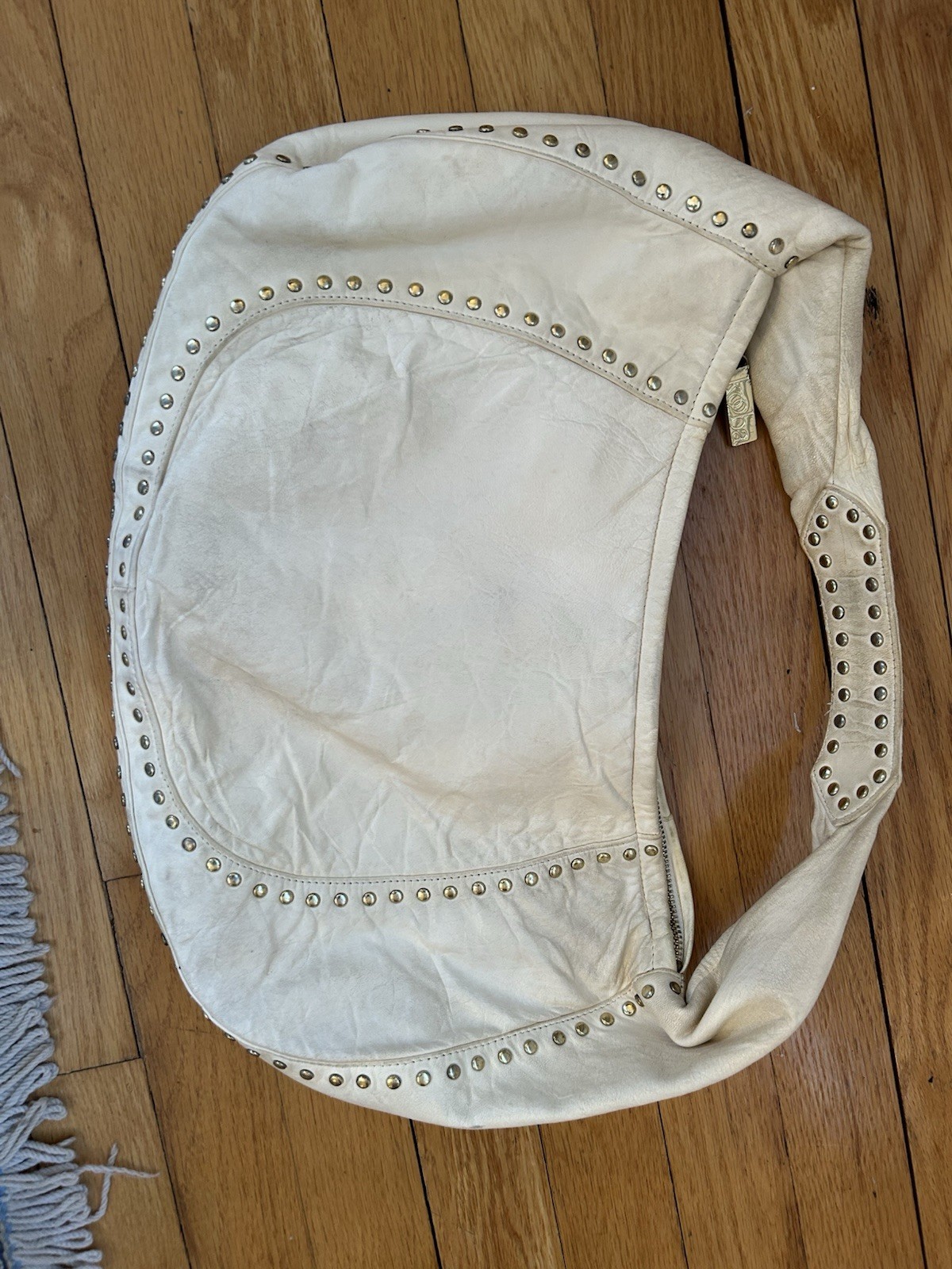 Vintage Kona Hobo Ivory Studded Shoulder Bag Lavender Lining and Zip Closure