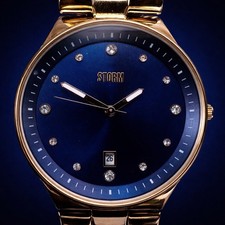 STORM London TC.0816 Gold Blue Dial Crystal Quartz Watch Bracelet New Battery