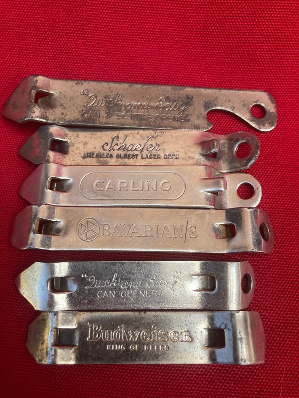 Six Vintage Beer Openers Quick and Easy, Schaefer, Carling, Bavarian, Budweiser