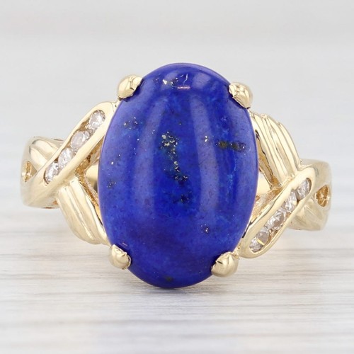 Lapislázuli Anillo con Diamante 18k Oro Amarillo Talla 6.5 Ovalado Cabujones - Imagen 2 de 11