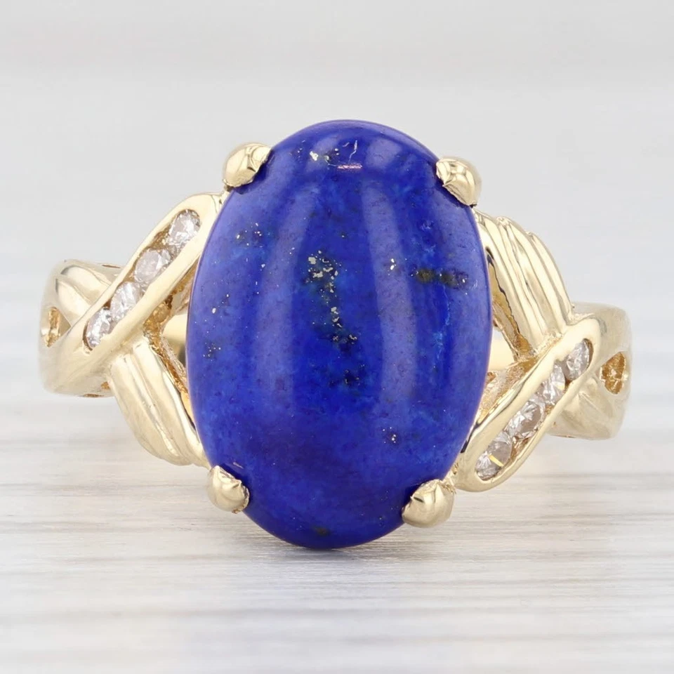 Anillo de diamantes de lapislázuli de oro amarillo de 18 k talla 6,5 cabujones ovalados Foto 2 de 4