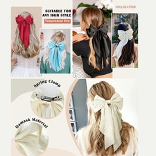 Ladies Satin Oversized Hair Bow Clip   Large Ribbon with Long Tail, Spring Clip