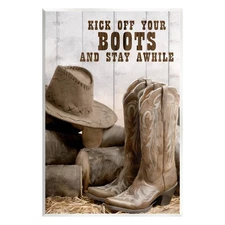 Kick Off Boots Stay Awhile Phrase Wood Wall Art, Design by Kim Allen