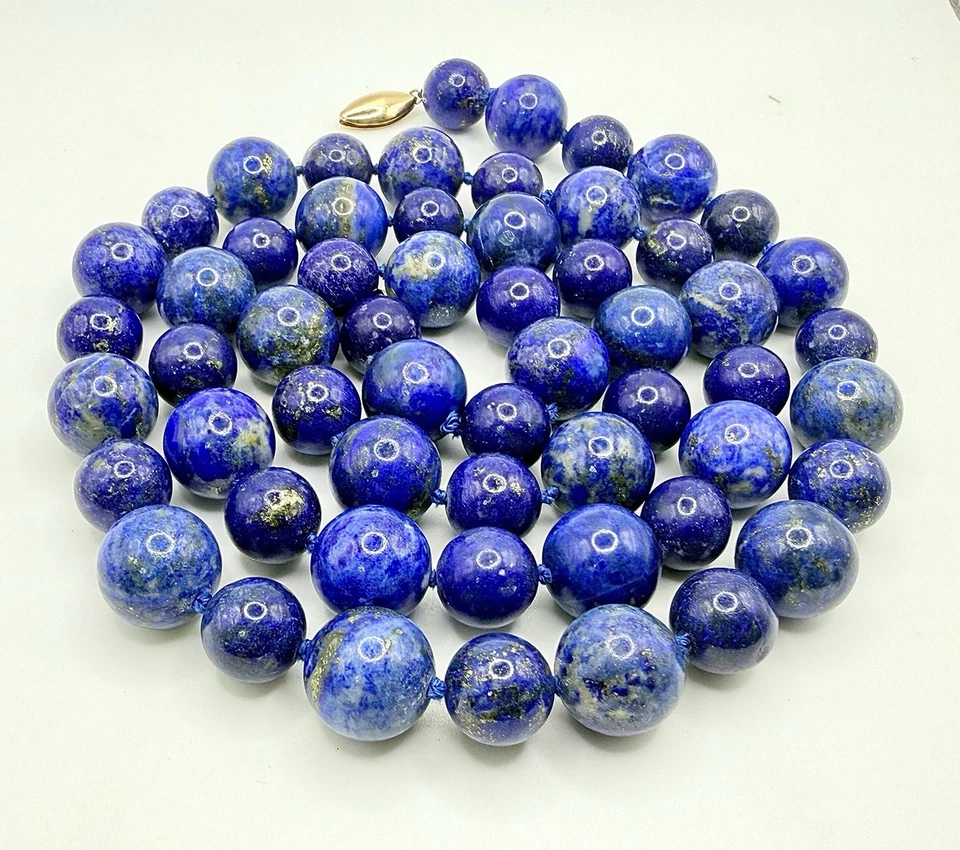 Винтажный 14K желтое золото синий лазурит бисером 32» ожерелье длиной 15 мм и 11 мм бисер - Изображение 4 из 4