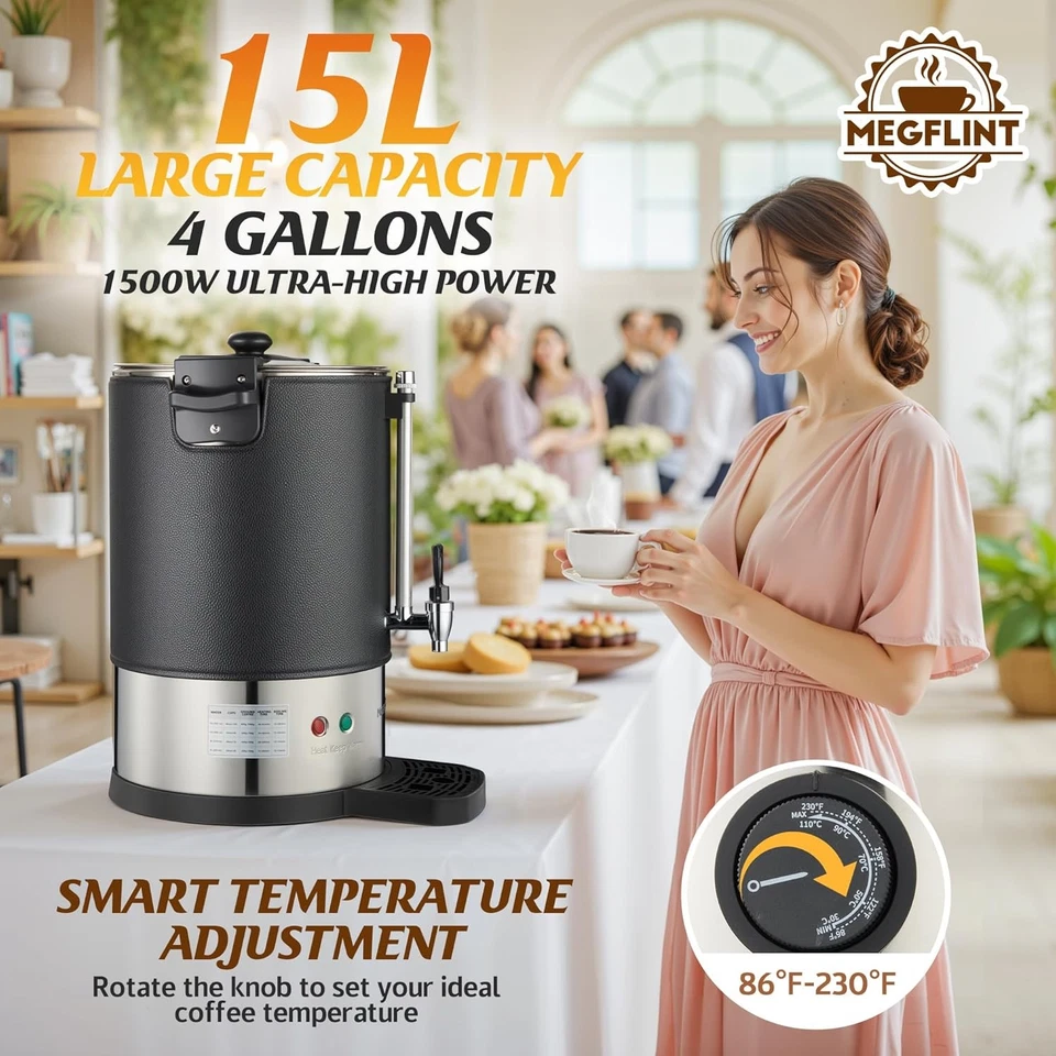 15L Coffee Dispenser 100Cup Commercial Coffee Urn Stainless Steel Thermal Sleeve - Image 3 of 4