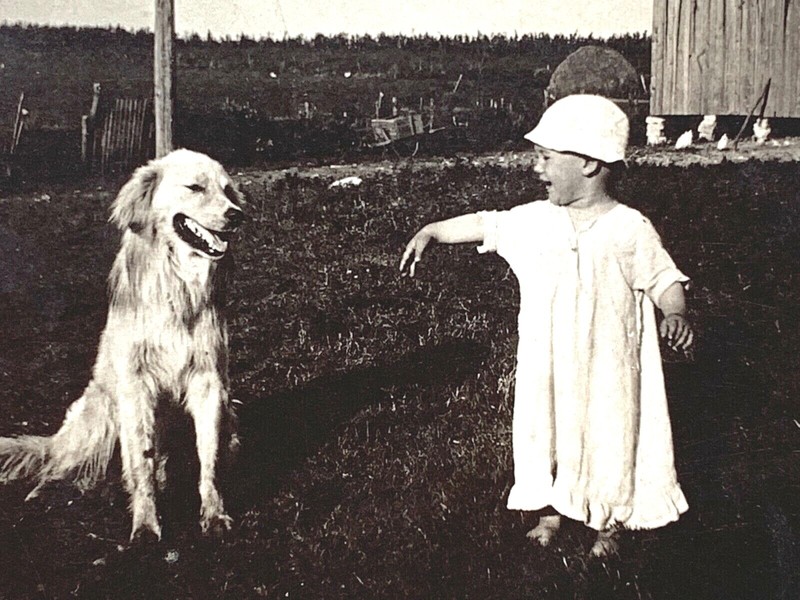 c1910 FUNNY Laughing Baby SMILING DOG Marysville Kansas RPPC PHOTO Postcard CUTE