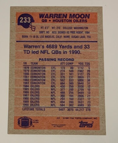 NFL WARREN MOON Houston Oilers 1991 Topps Football Trading CARD #233 - Picture 2 of 3