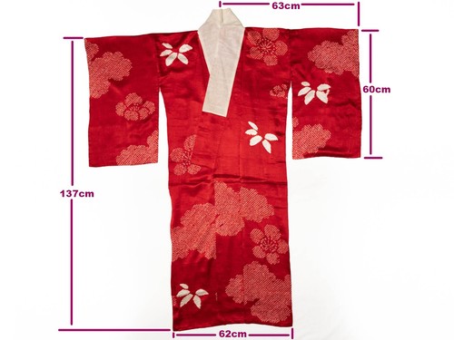 Vintage Nagajuban Kimono Unterkleid rot Seide Shibori in kräftigem Blumenmuster - Bild 1 von 11