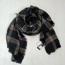 Cejon Womens Scarf Black Plaid Blanket Wrap Wool Blend Multicolor 76" Shawl New
