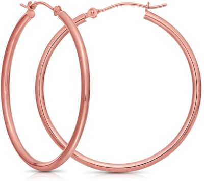 14k Rose Gold 2mm Polished Round Tube Hoop Earrings, Diameter 30mm
