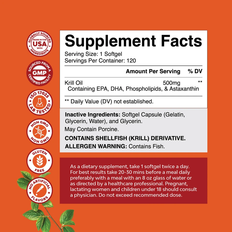 Antarctic Krill Oil 500mg Softgels High Absorption Omega 3 Fatty Acid EPA 120ct - Image 3 of 4