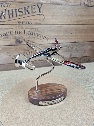 Decorative 22 cm Cast Nickel Plated Spitfire Aircraft On A Sheesham Wood Plinth - Picture 4 of 15