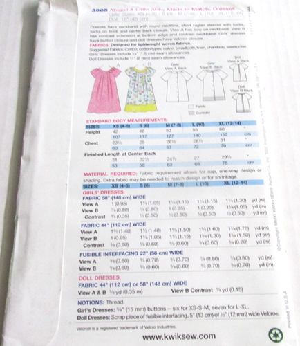 Vestido para niñas Kwik Sew 3905 con vestido para muñeca hecho a juego de 18" tallas XS - XL sin cortar - Imagen 4 de 6