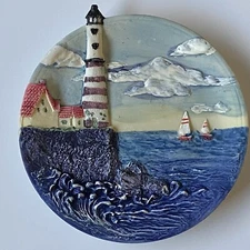 Lighthouse Trinket Dish Vintage 1996 Ocean Coastline Sailboat 5” Hand Painted
