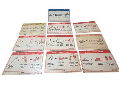 Lot Of (10) Vintage Stanley Tools Safety Charts Shop Signs -18 x 12'' - Cardboard