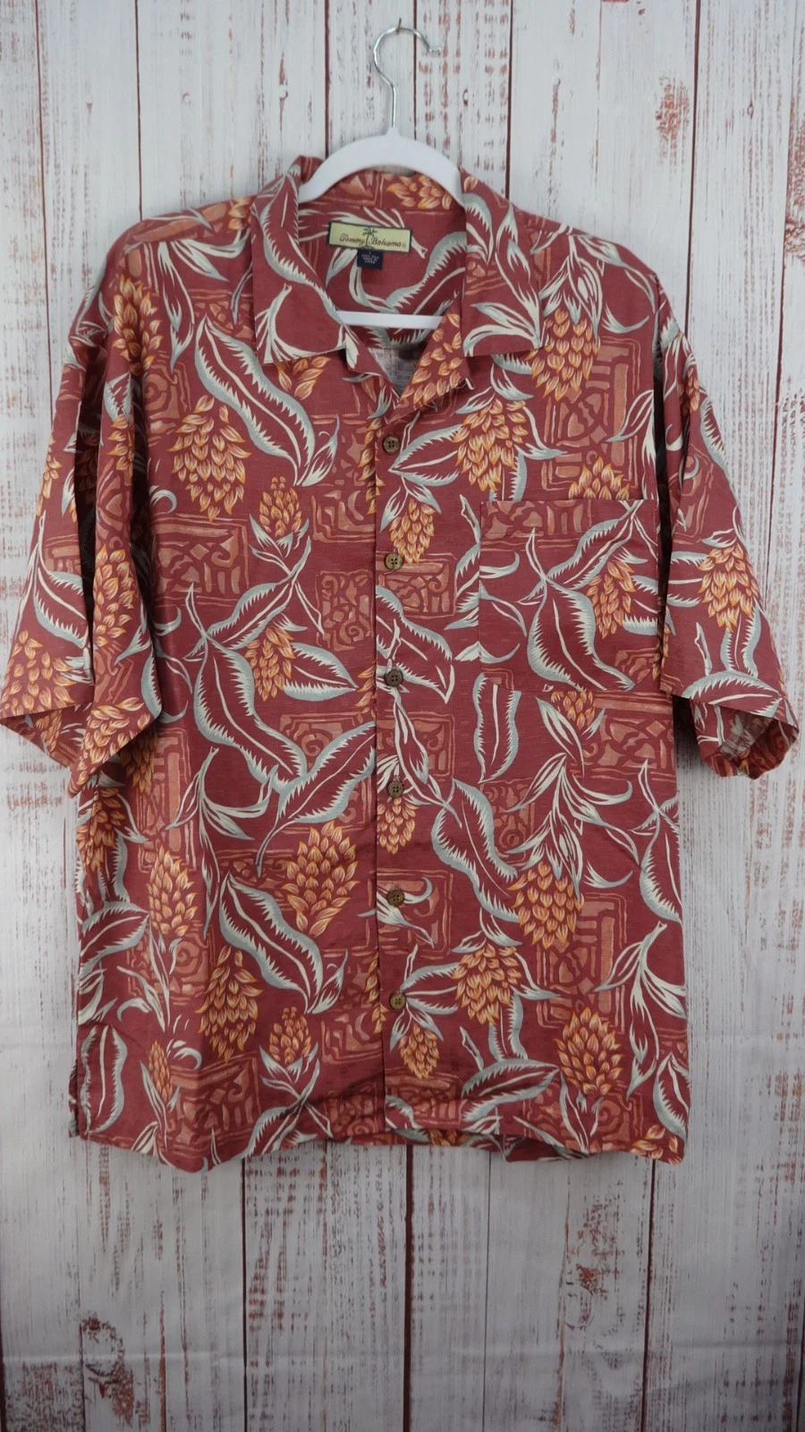 Tommy Bahama Shirt Mens L Red 100% Silk Hawaiian Floral Palm Beach Summer