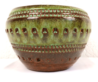 Bitossi Style Incised Decor Planter/Pot Pottery MCM Glossy Green & Brown Colors