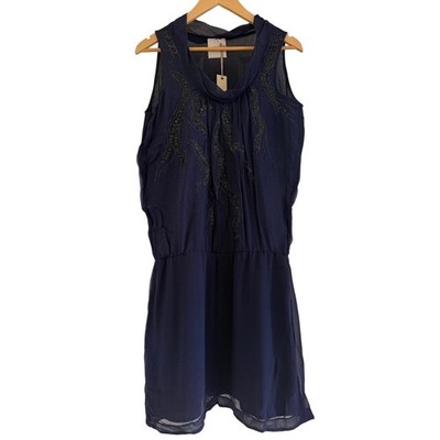 Sairana Navy Blue Sequin Embellished Silk Trim Sleeveless Mini Dress Cowl Neck