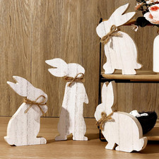 4 Pcs Easter Bunny Natural Wooden Table Signs: Rustic Freestanding Tiered Tray D