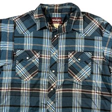 VTG Wrangler Western Shirt Mens 17-171/2 XL Blue Plaid Short Sleeve Pearl Snap