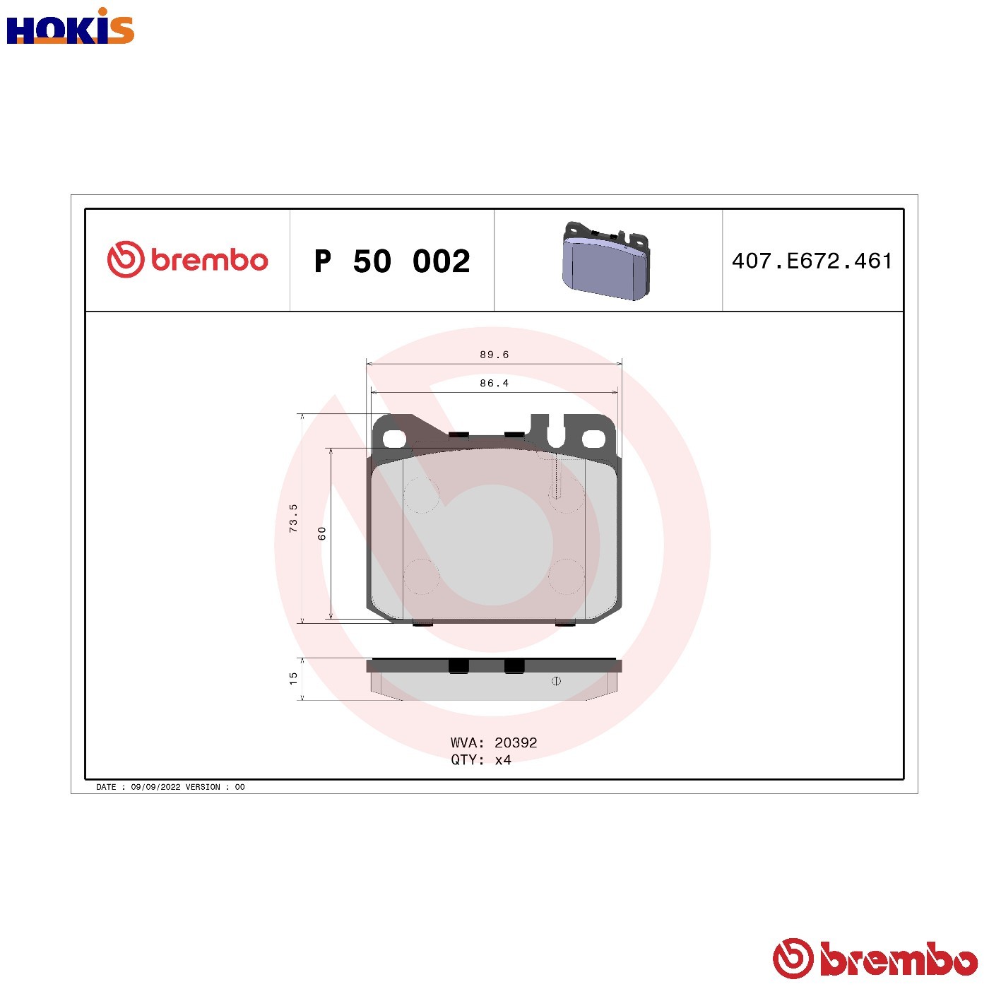 BRAKE PAD SET DISC BRAKE P 50 002 FOR MERCEDES-BENZ 123/Break/T-Model SL 8 2.3L
